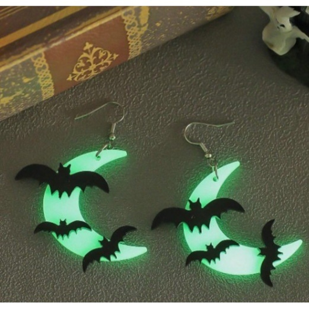 Glow In The Dark Bats and Moon Earrings Dangle Halloween Acrylic Whimsigoth New